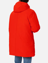 Man hooded orange parka with bandanna lining