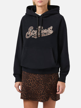 Felpa Virginia in cotone nero con ricamo animalier St. Barth