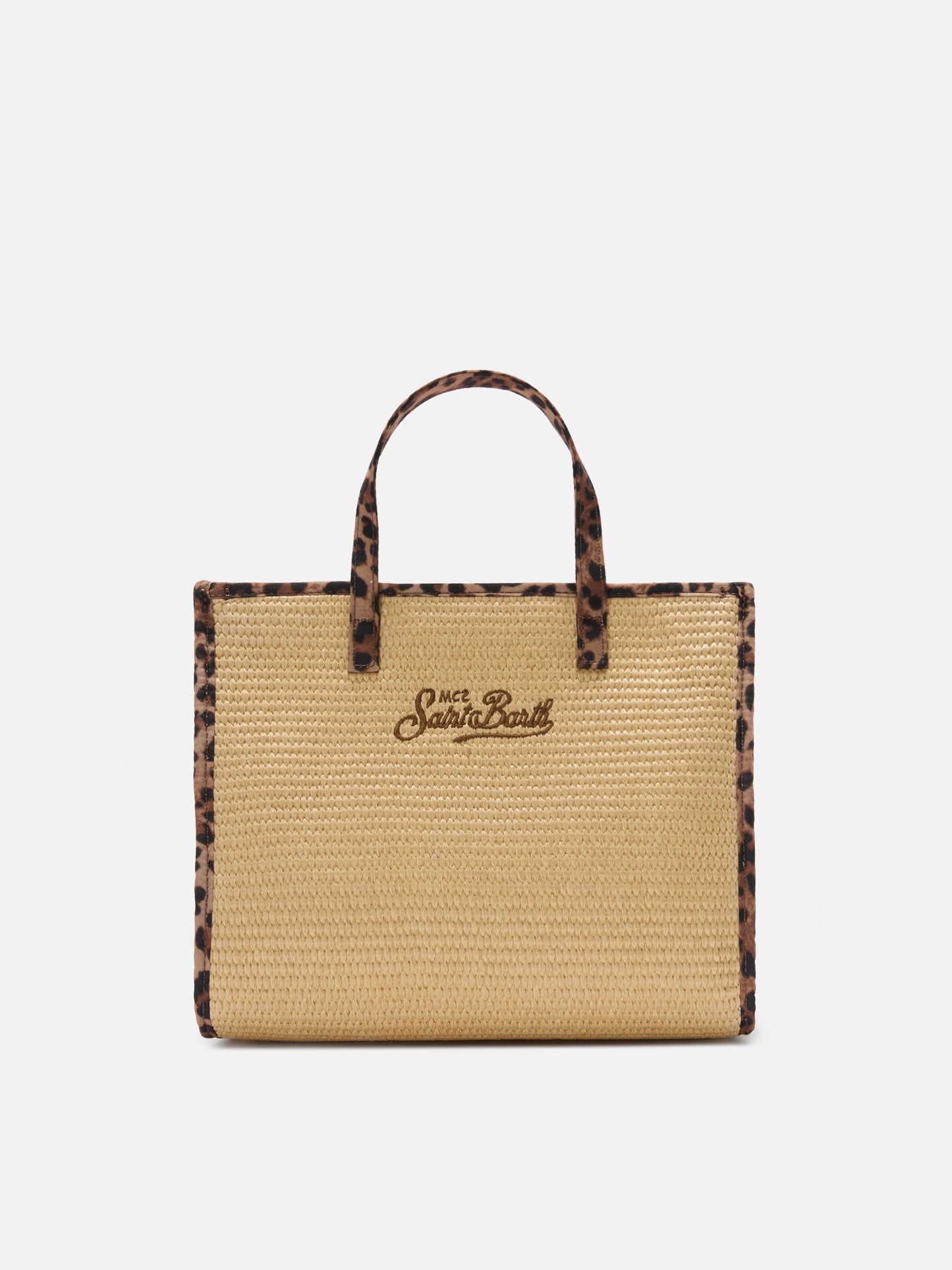 Vivian medium straw effect bag with leopard logo patches