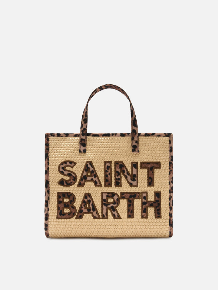 Vivian medium straw effect bag with leopard logo patches