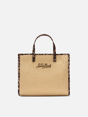 Vivian medium straw effect bag with leopard logo patches
