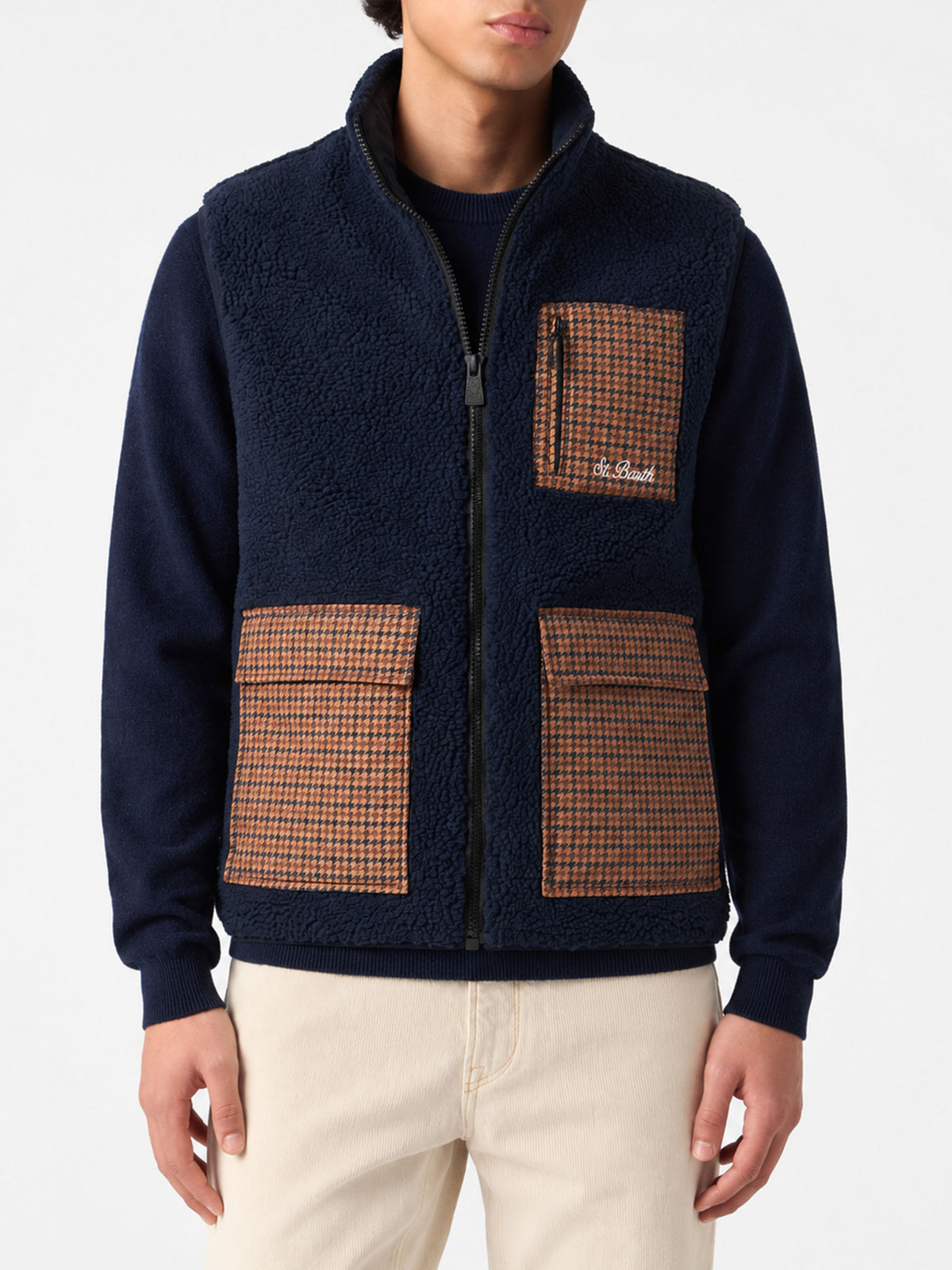 Gilet Wanaka blu navy in sherpa con tasche a quadri