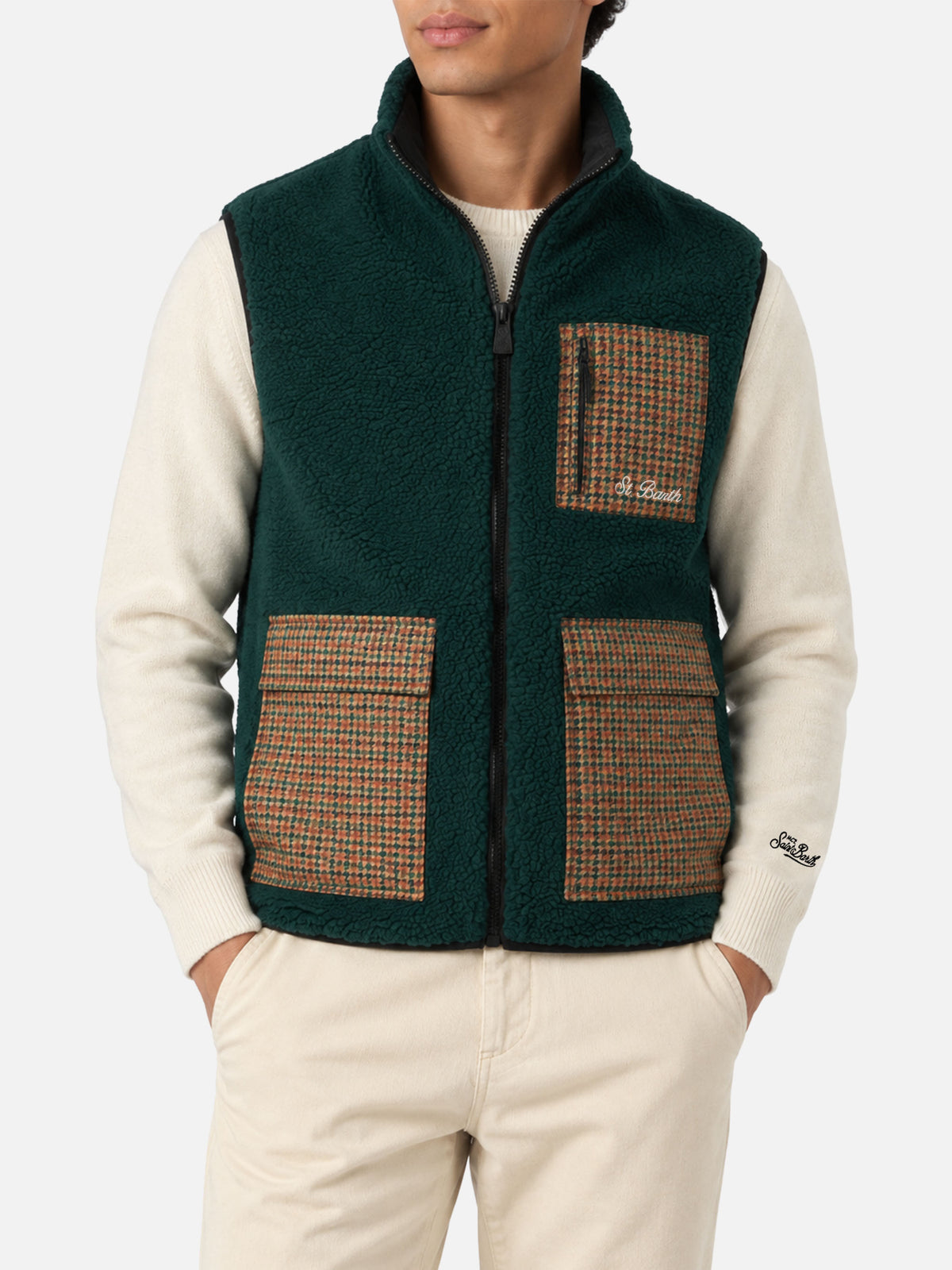 Gilet Wanaka verde scuro in sherpa con motivo pied de poule