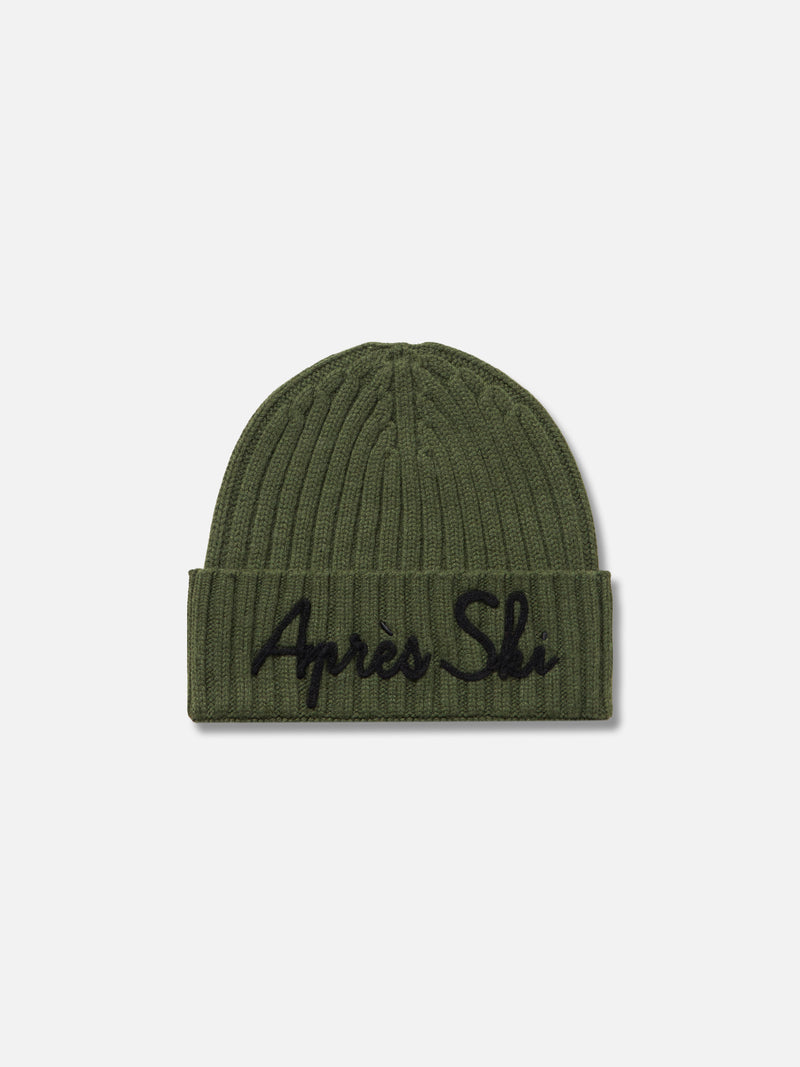 Man green cashmere blend hat Wengen with Apres ski embroidery