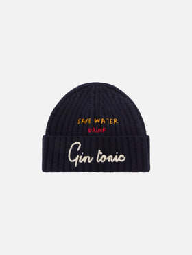 Bonnet Wengen Navy blue avec broderie Save Water Drink Gin Tonic 
