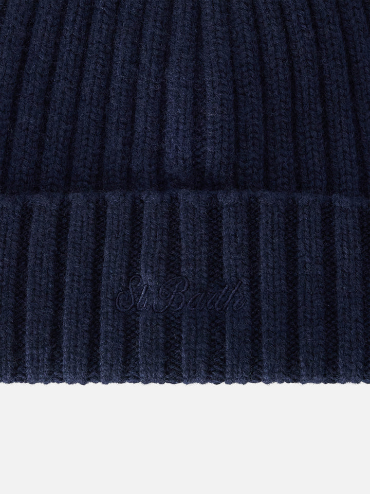 Marineblaue blue Wengen-Mütze mit St. Barth-Stickerei 
