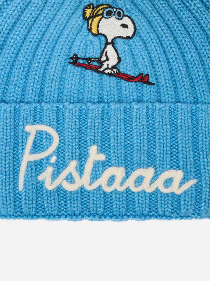 Wengen Jr beanie in cashmere blend in light blue with Snoopy patch and embroidery
