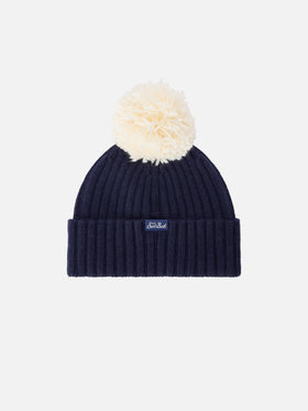 Marineblaue blue Wengen-Mütze mit Bommel und Cortina-Stickerei 