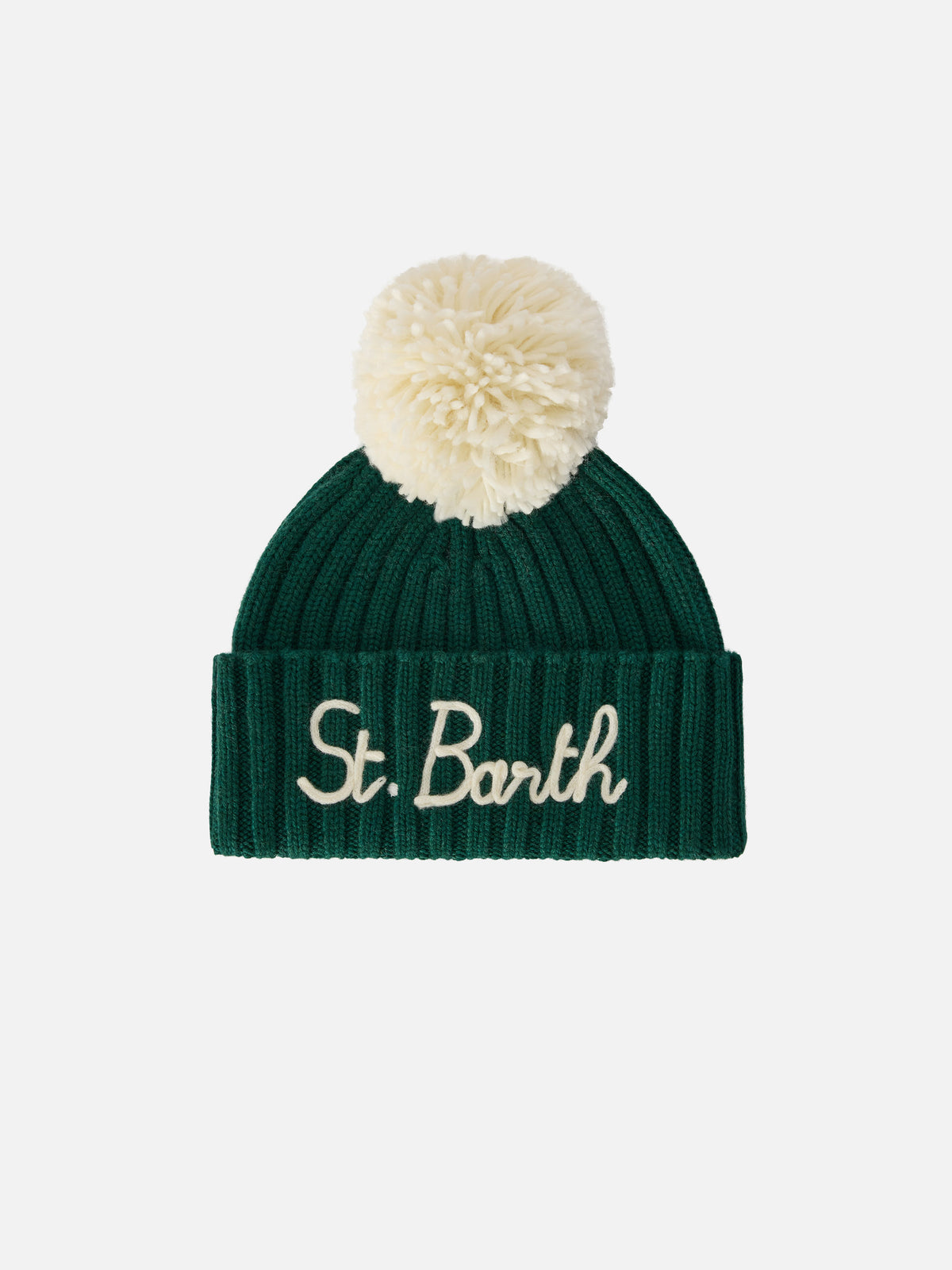 Gorro beanie Wengen verde con pompón y bordado St. Barth 