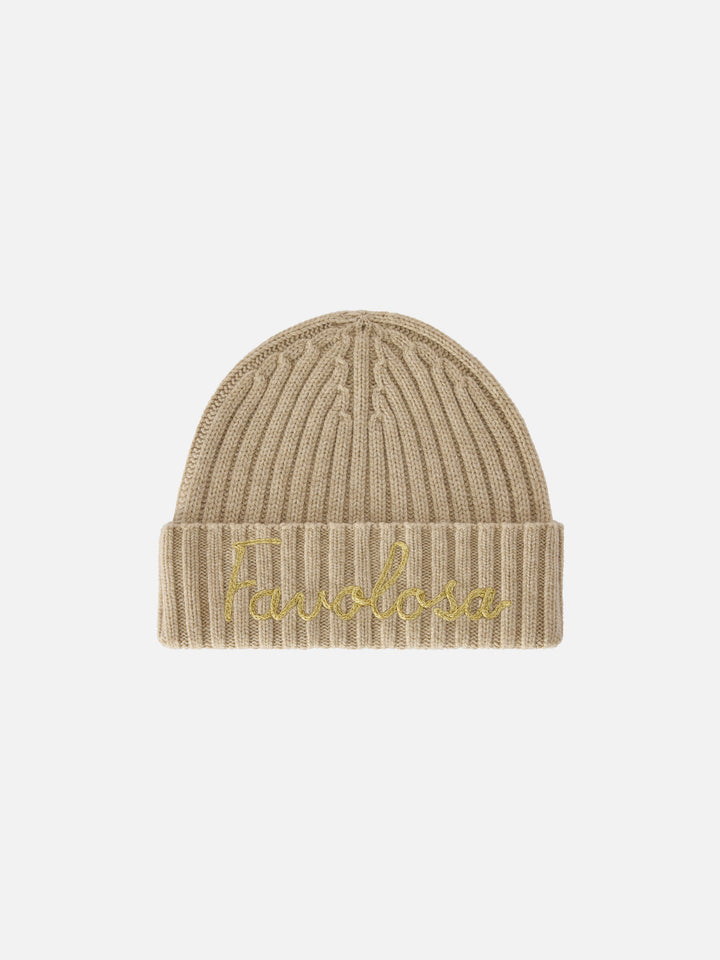 Beige Wengen-Beanie mit Favolosa-Stickerei 