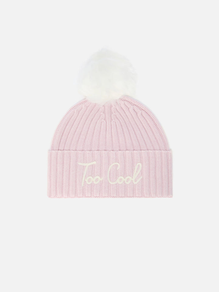 Wengen beanie in cashmere blend with pink “Too Cool” embroidery and pom-pom