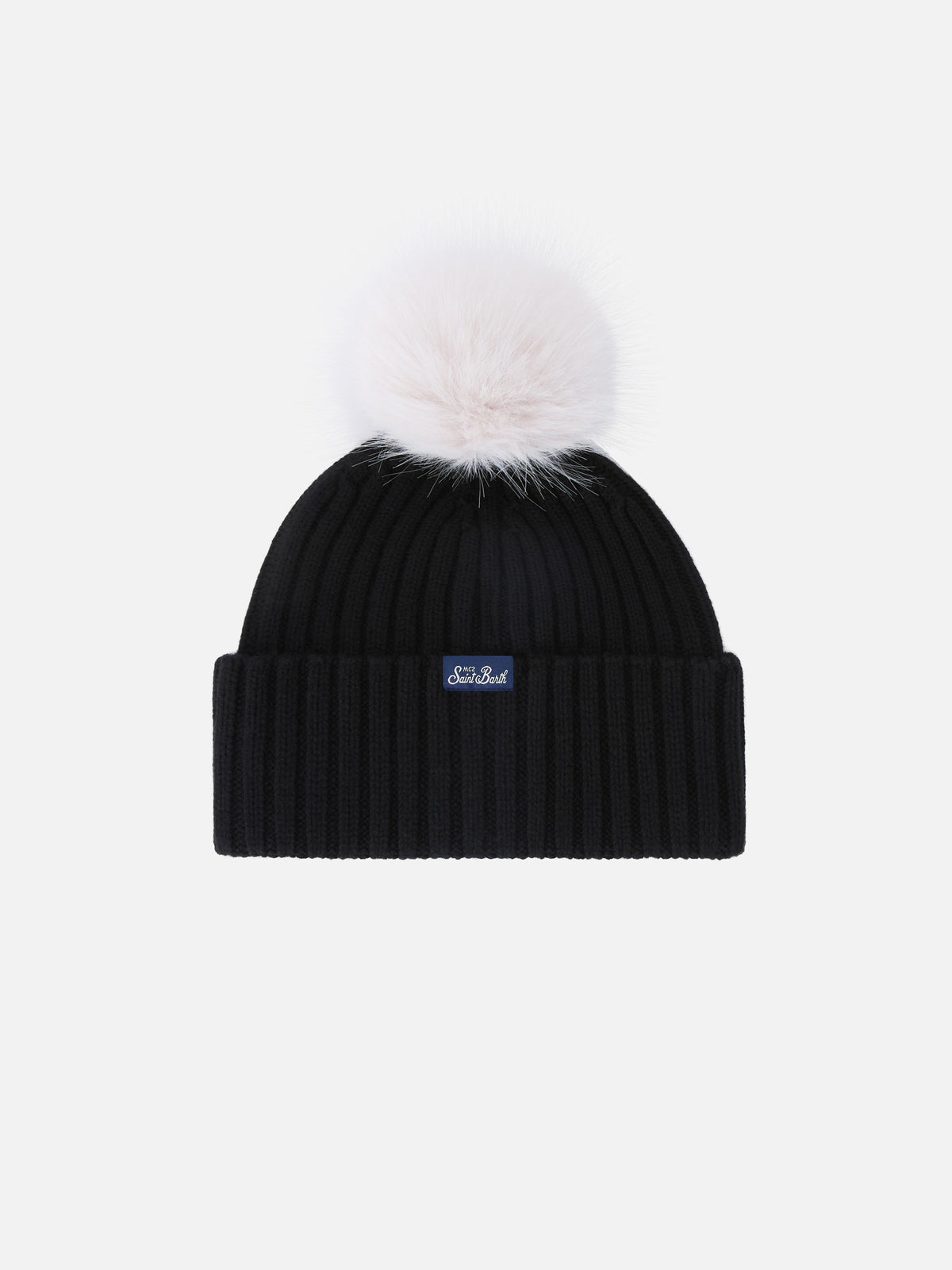 Schwarze Wengen-Mütze mit Pompon und Diva-Stickerei 
