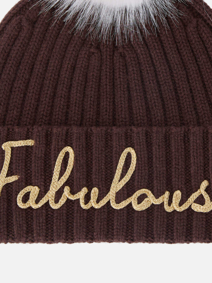 Brown Wengen beanie with pompom and Fabulous embroidery