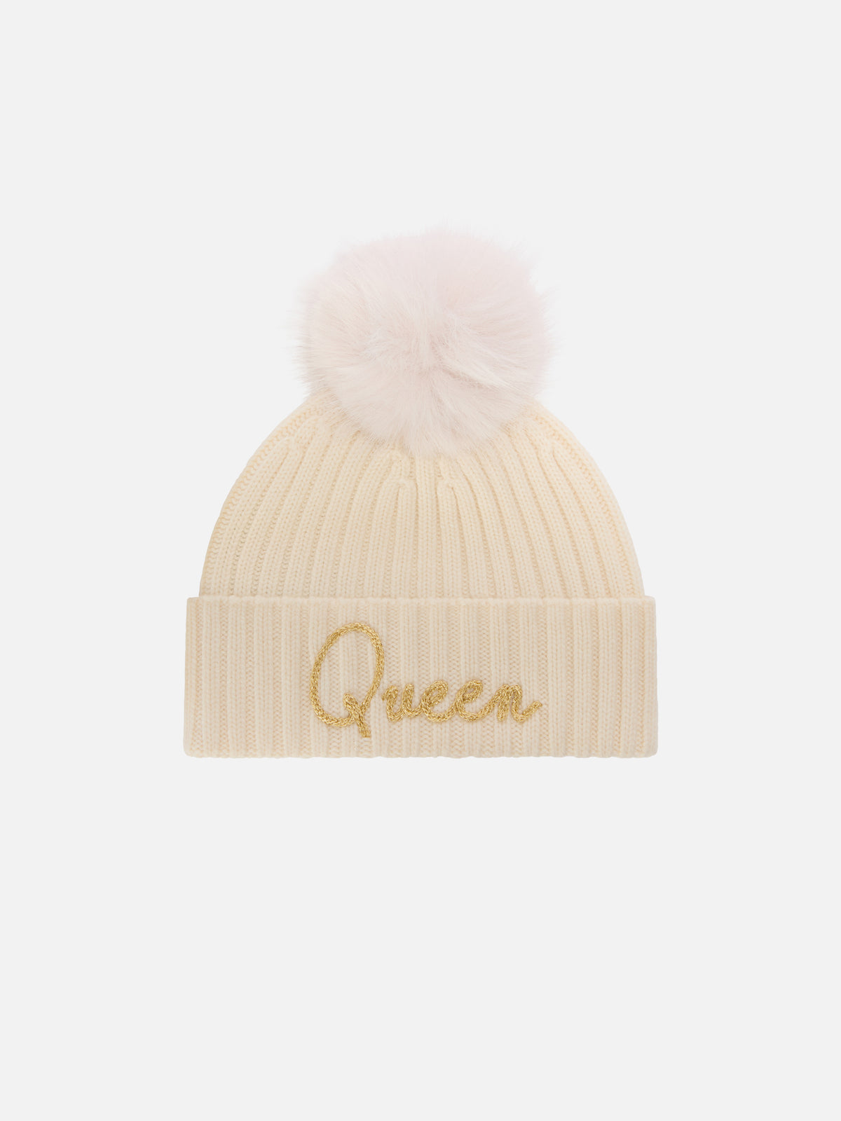 Berretto Wengen panna con pompon e ricamo Queen