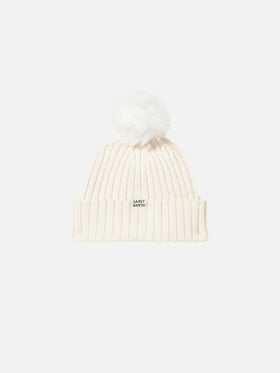 Wengen Jr beanie in cashmere blend in white with Favolosa embroidery