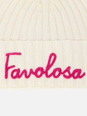 Wengen Jr F beanie in cashmere blend in white with Favolosa embroidery