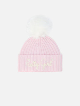 Wengen Jr F beanie in cashmere blend in pink with Pretty Girl embroidery