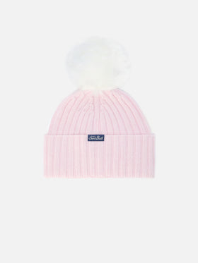 Wengen Jr F beanie in cashmere blend in pink with Pretty Girl embroidery