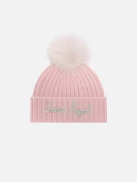 Bonnet Wengen rose avec pompon et broderie Snow Angel 