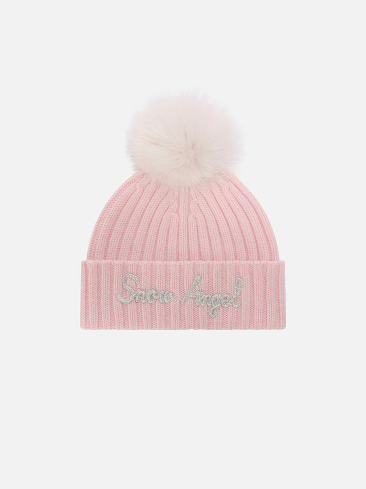 Berretto Wengen rosa con pompon e ricamo Snow Angel