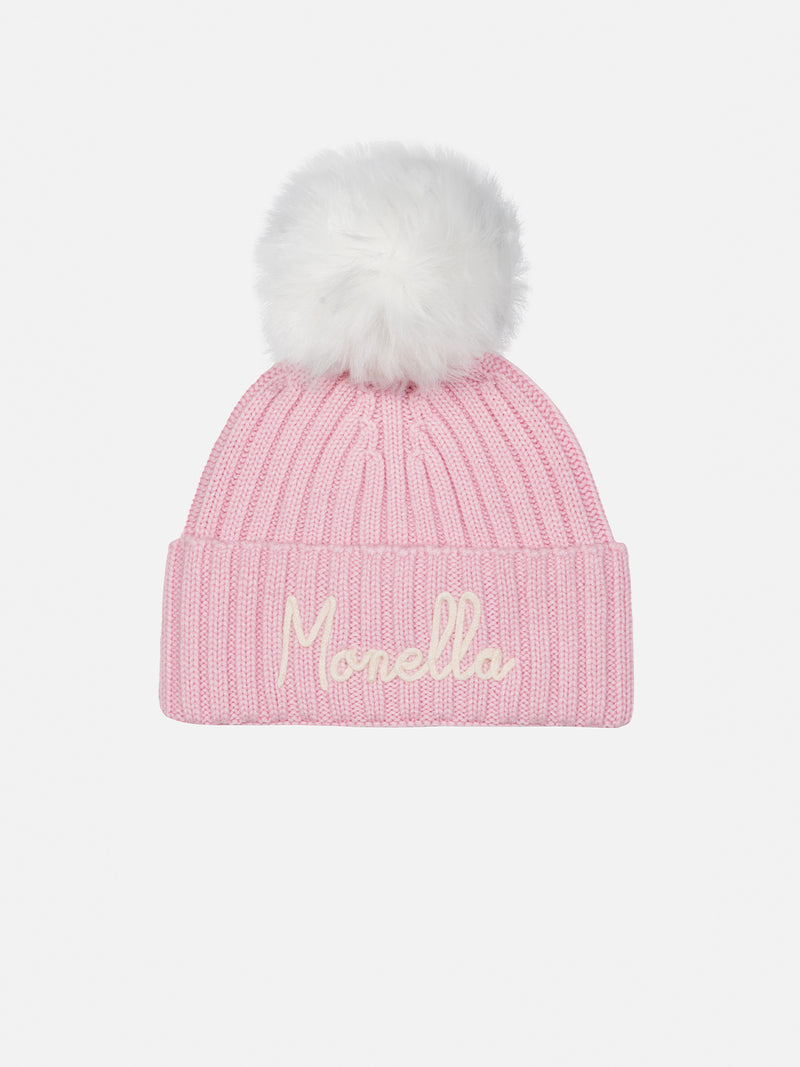 Cappello rosa da bambina Wengen con pompon e ricamo Monella