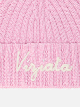 Berretto Wengen in misto cashmere rosa con ricamo Viziata