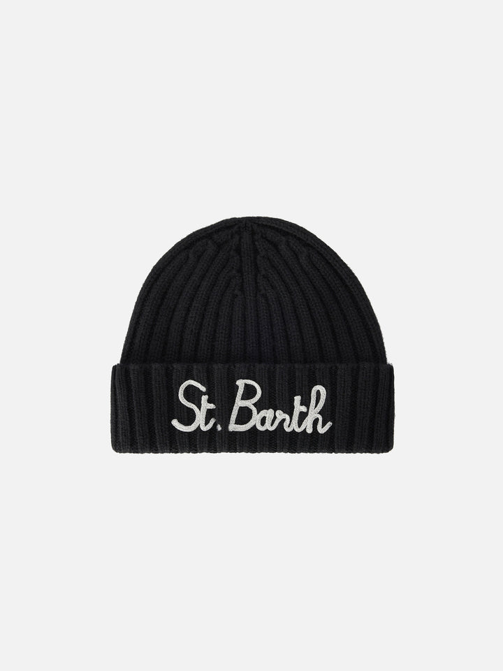 Schwarze Wengen-Beanie mit Logostickerei 