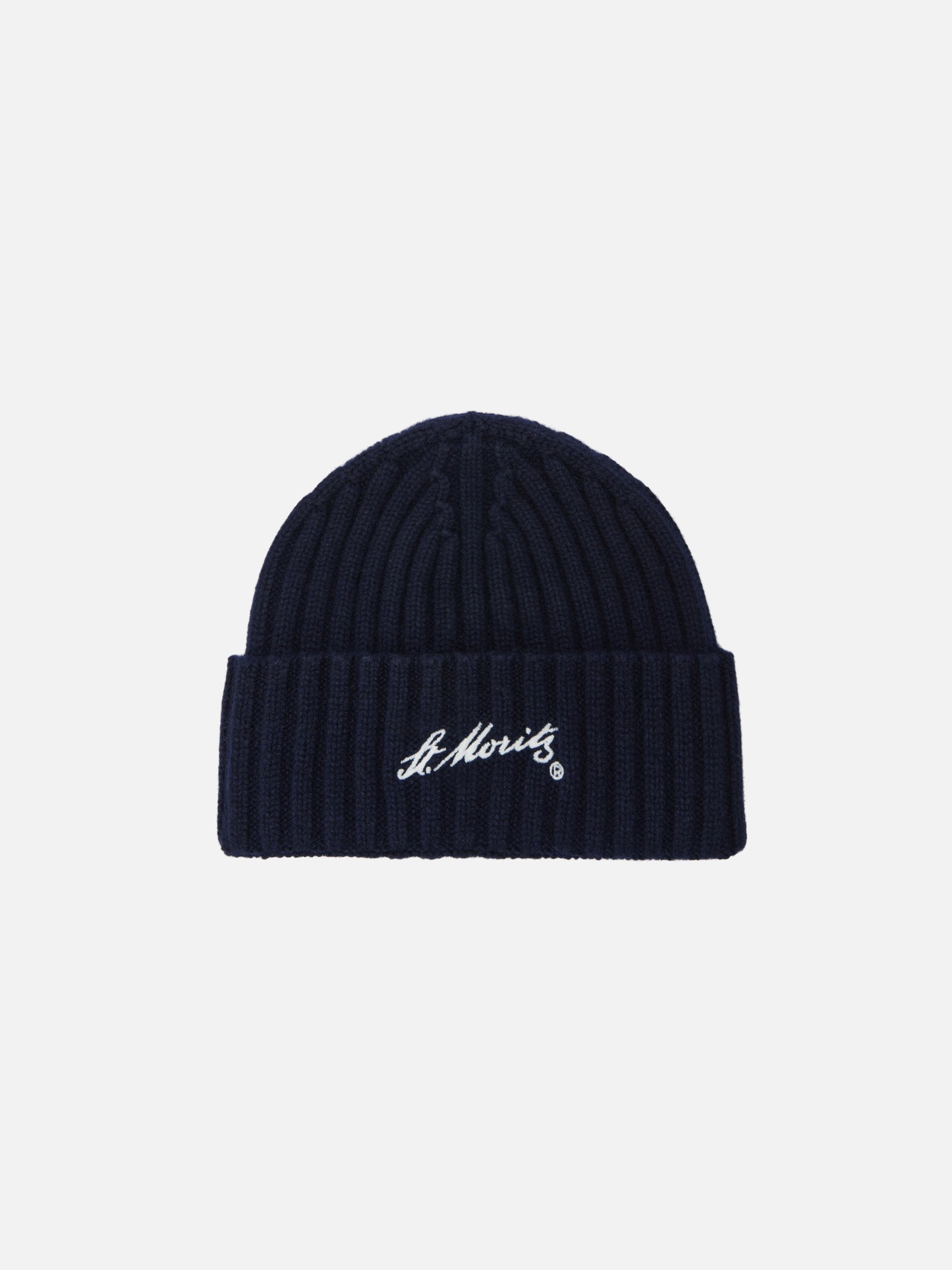Wengen beanie in cashmere in blue with St. Moritz embroidery