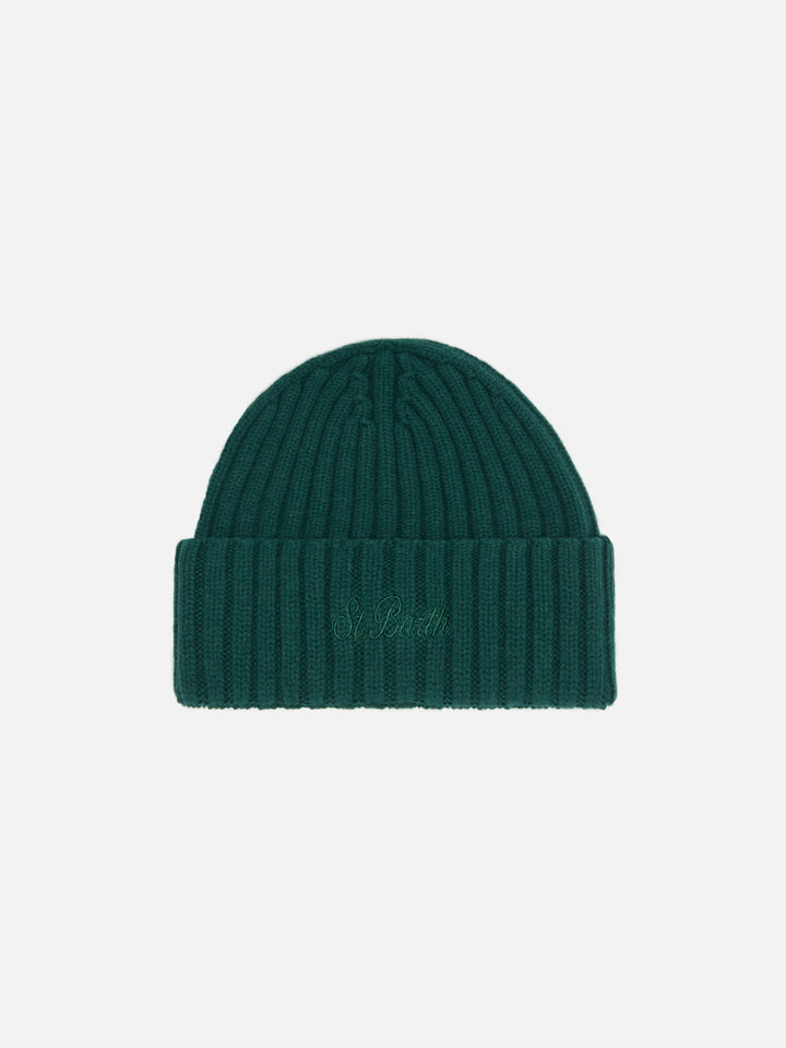 Wengen beanie in British green wool with St. Barth embroidery on the turn-up