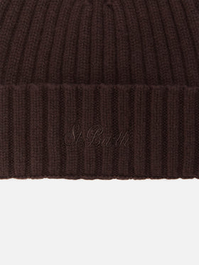 Wengen beanie in brown wool with St. Barth embroidery on the turn-up