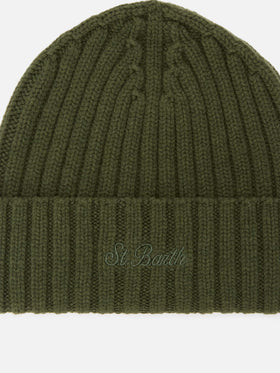 Military green Wengen wool beanie with logo embroidery