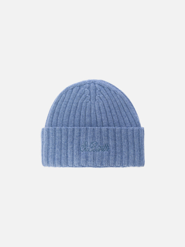 Wengen beanie in powder blue with St. Barth embroidery on the turn-up