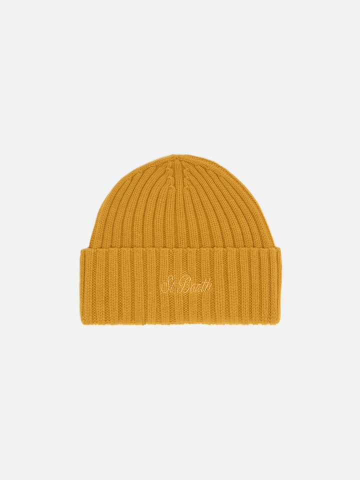 Wengen beanie in mustard yellow with St. Barth embroidery on the turn-up