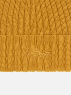 Wengen beanie in mustard yellow with St. Barth embroidery on the turn-up