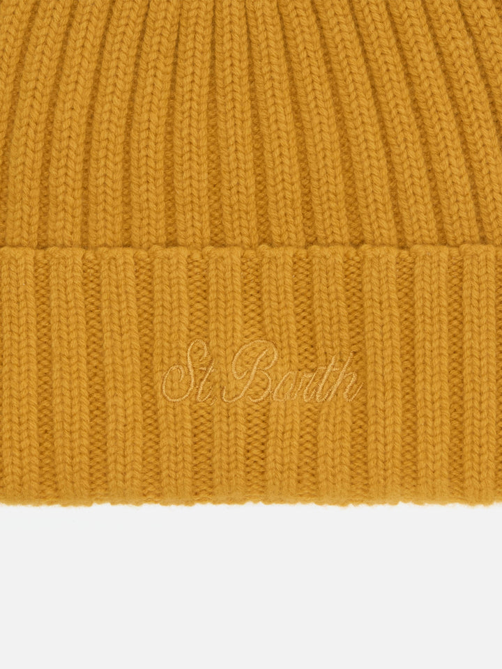 Wengen beanie in mustard yellow with St. Barth embroidery on the turn-up