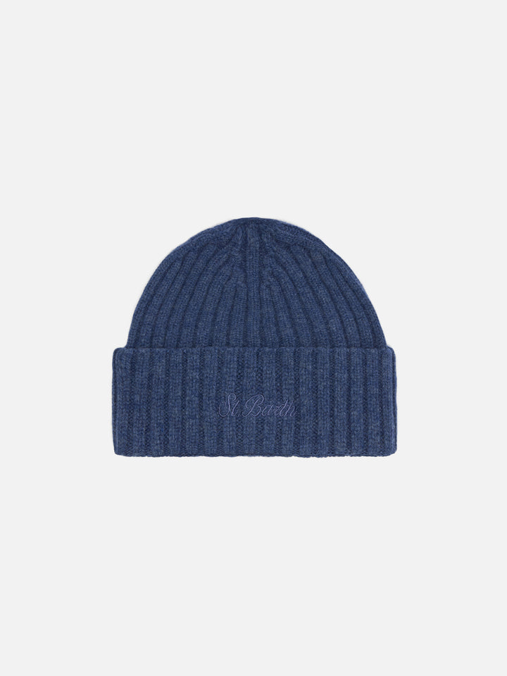 Wengen beanie in denim blue with St. Barth embroidery on the turn-up