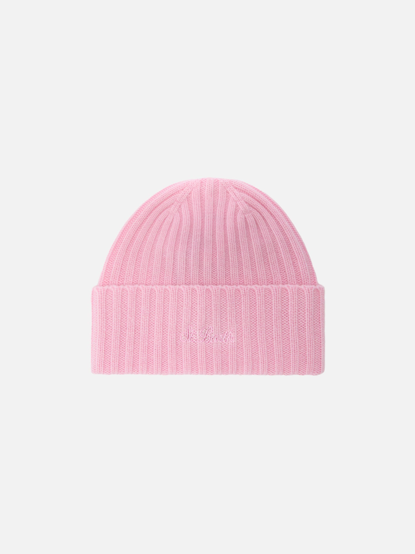 Wengen beanie in pink cashmere with St. Barth embroidery on the turn-up
