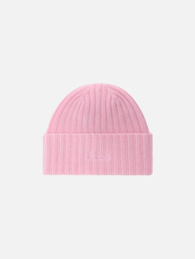 Wengen beanie in pink cashmere with St. Barth embroidery on the turn-up