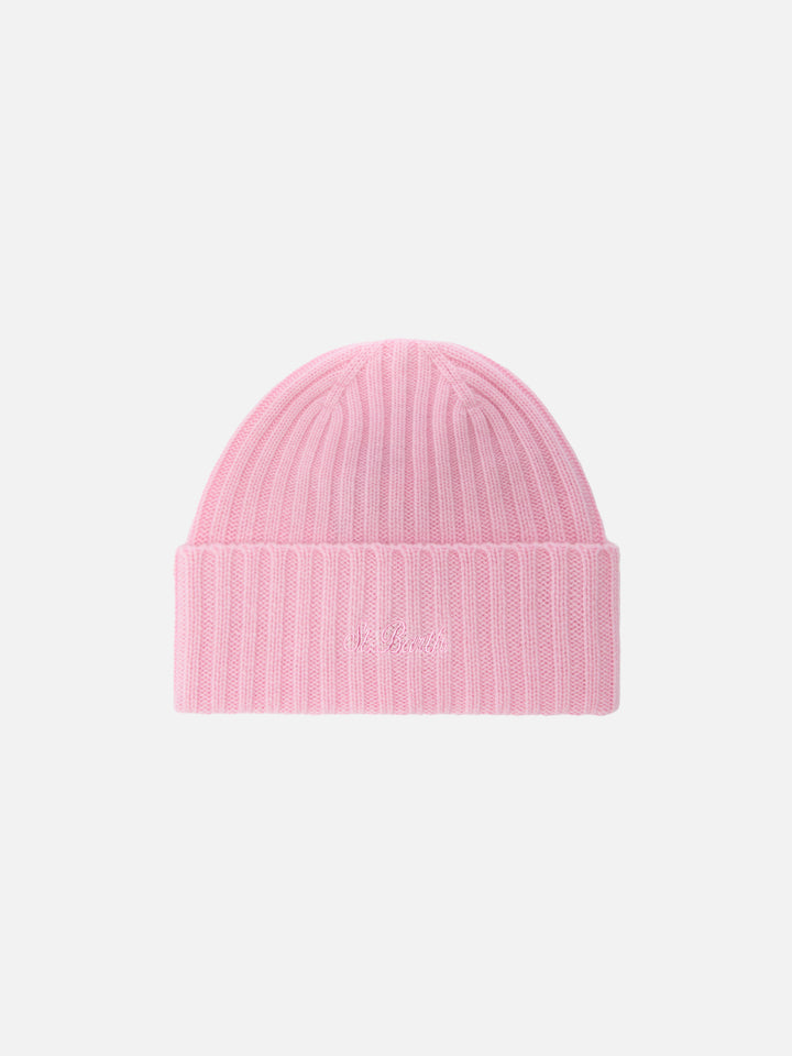 Wengen beanie in pink cashmere with St. Barth embroidery on the turn-up