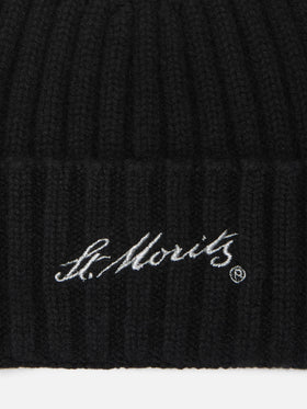Berretto Wengen in cashmere nero con ricamo St. Moritz