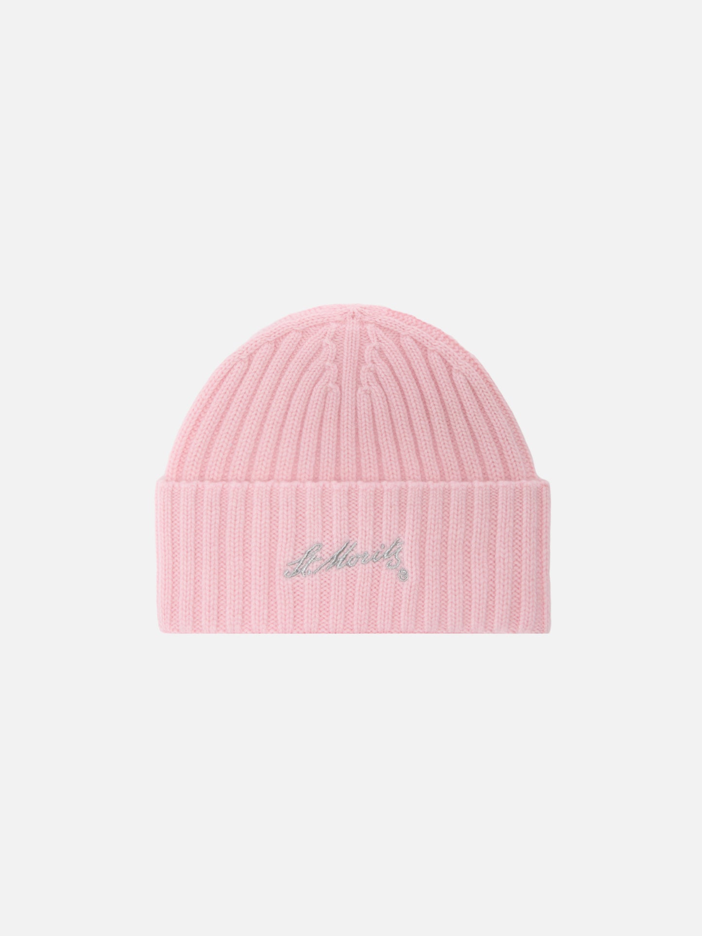 Wengen beanie in pink cashmere with St. Moritz embroidery