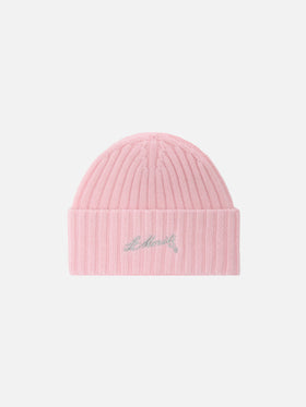 Wengen beanie in pink cashmere with St. Moritz embroidery