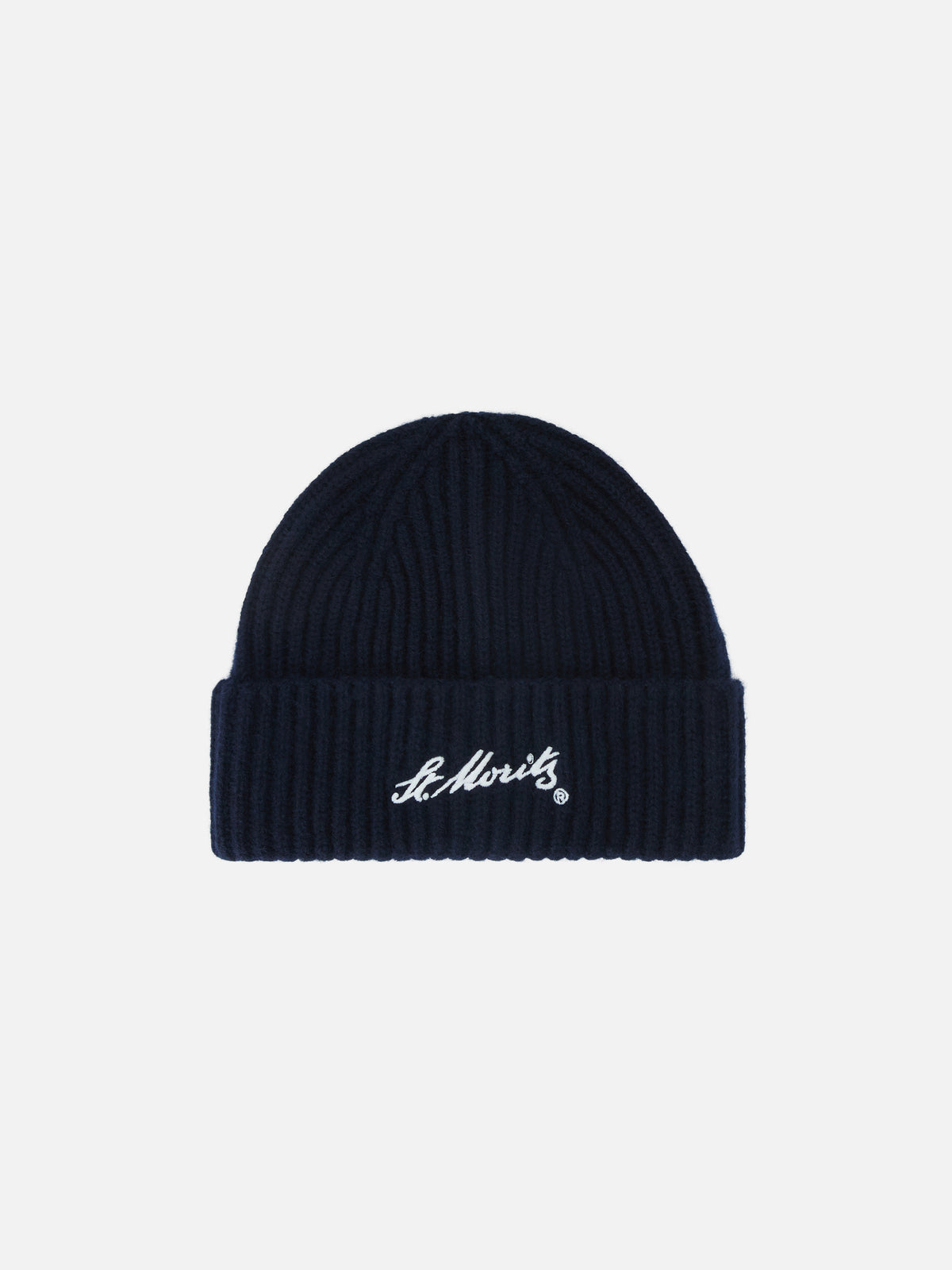 Marineblaues Wengen Kaschmir-Beanie mit St. Moritz-Stickerei | Special edition 