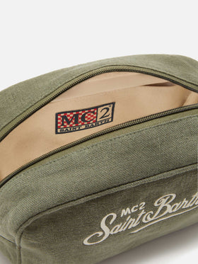 Green Westwood linen beauty bag with embroidered logo