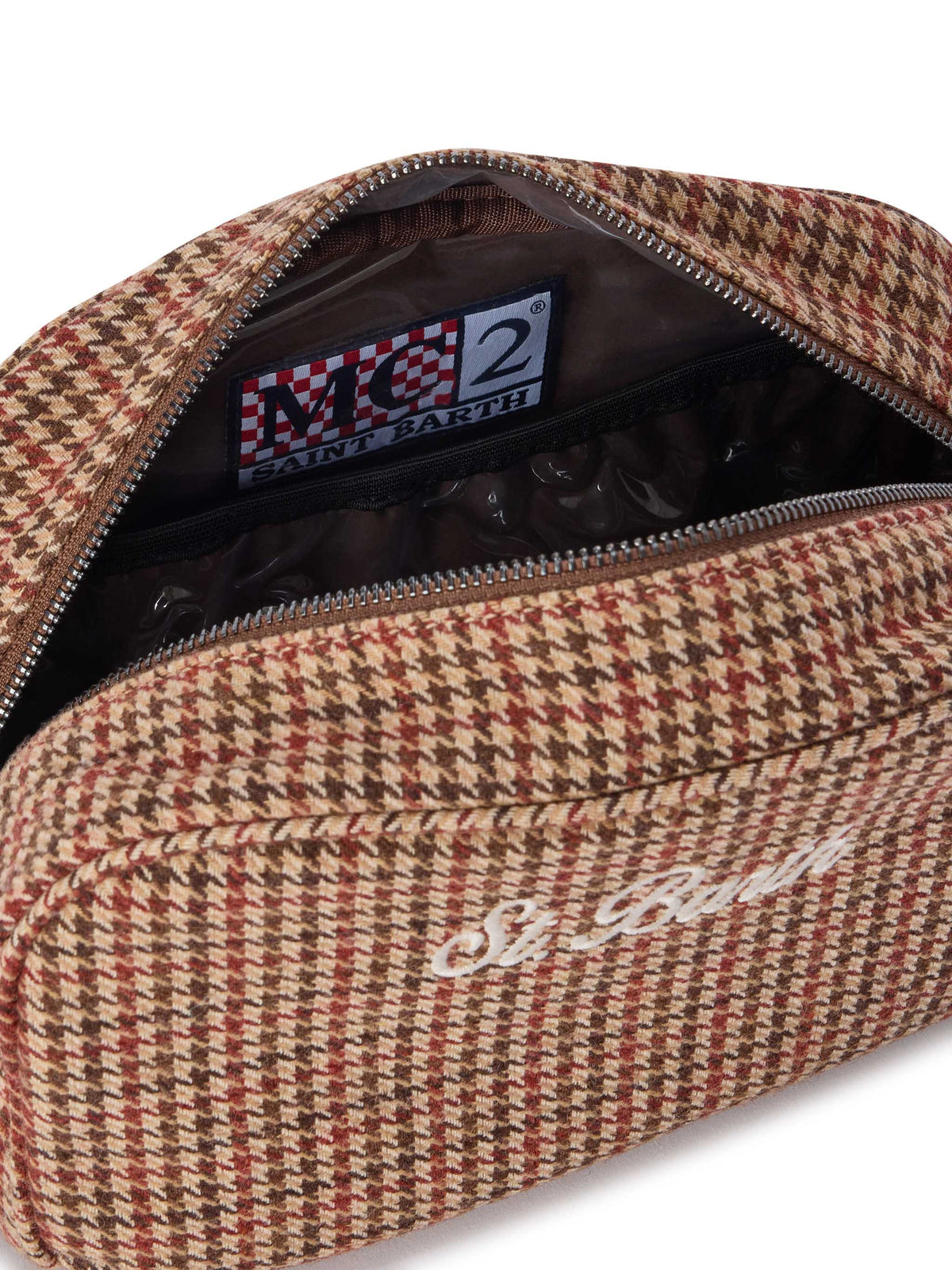 Beige Westwood wool blend beauty case with houndstooth pattern