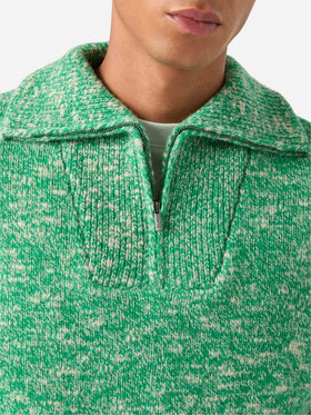 Jersey Wesley verde de lana con media cremallera y punto mouliné 