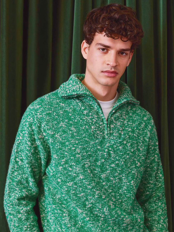 Pull en laine Green Wesley à demi-zip avec maille moulinée 