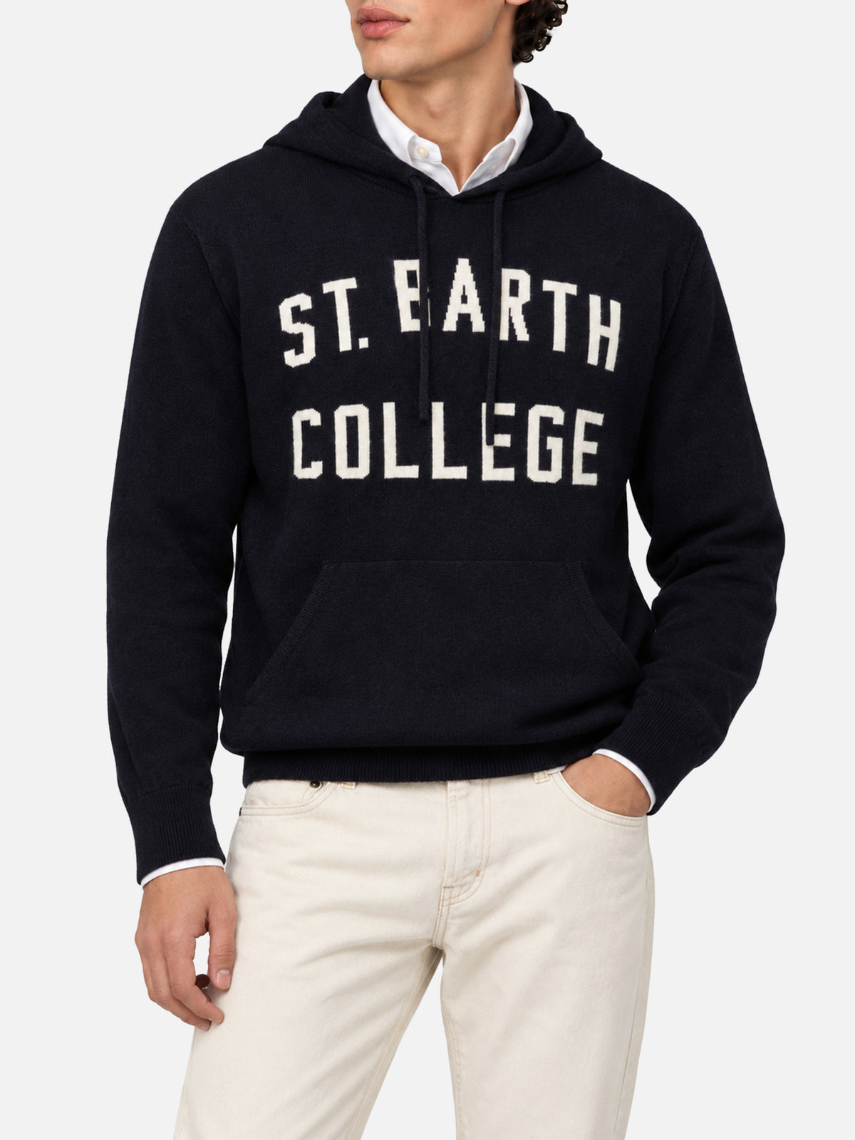 Navy blue Wood hoodie with St. Barth College jacquard