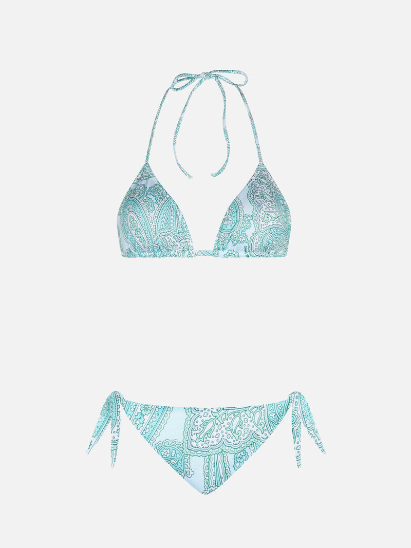 Bikini da donna a triangolo paisley verde acqua Leah Yali