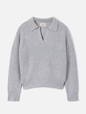 Grauer Strickpullover Yaoni aus Wolle mit Polokragen 
